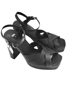 🆕 ZARA Black Y2K Platform Sandals Size 10 Leather  Ankle Strap Retro Sandals
